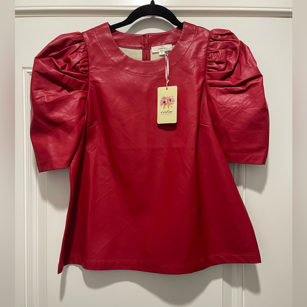New, entro brand, Short Puff Sleeve, Faux Red Leather Blouse